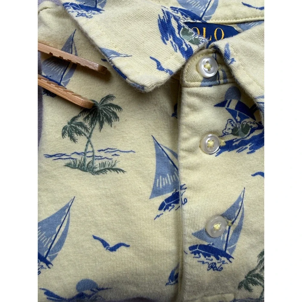 Polo Ralph Lauren Kids Yellow Nautical Sailboat Palm Tree Polo Shirt Size S 8